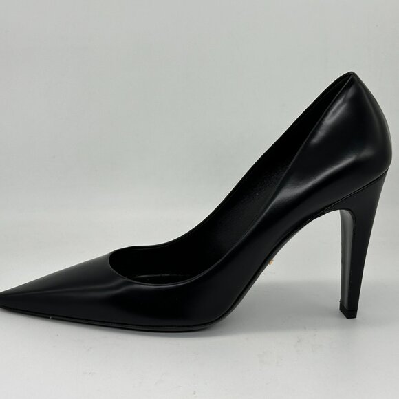 PRADA Triangle Show Leather Pointed Toe Pumps Heels Shoes Black - Picture 3 of 15